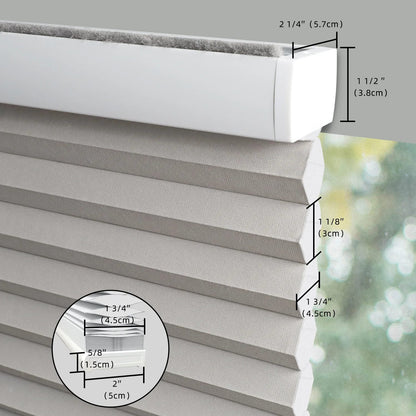 Gray blinds with measurements indicated, showing a close-up detail.