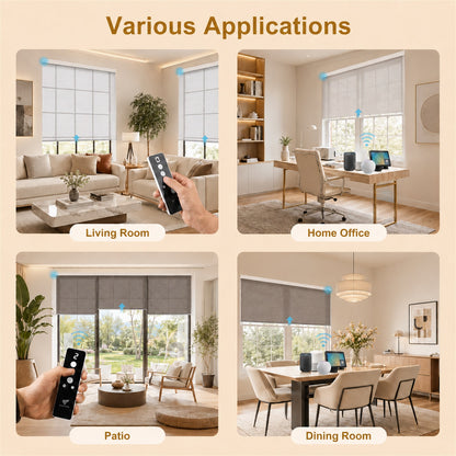 A four-panel promotional graphic showing a remote-controlled window shade system in use across different interior spaces: a living room, a home office, a patio, and a dining room. The panels include a hand holding a black remote in two of the scenes and label the settings with text such as Living Room, Home Office, Patio, and Dining Room.