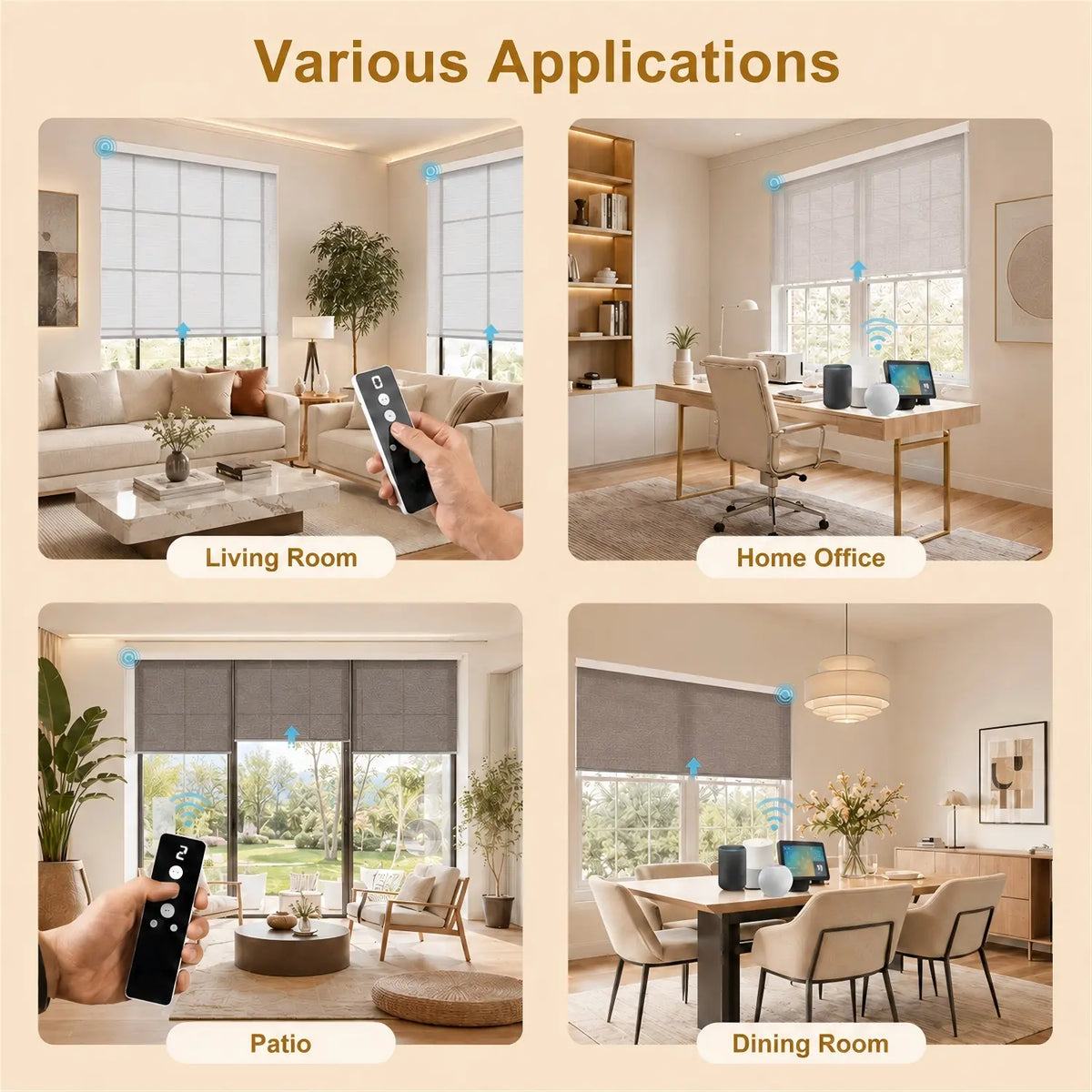 A four-panel promotional graphic showing a remote-controlled window shade system in use across different interior spaces: a living room, a home office, a patio, and a dining room. The panels include a hand holding a black remote in two of the scenes and label the settings with text such as Living Room, Home Office, Patio, and Dining Room.