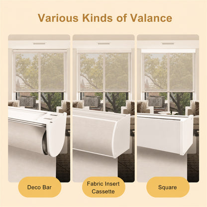 Three types of window valance shown side by side: Deco Bar, Fabric Insert Cassette, and Square. The image features a beige background with the title 'Various Kinds of Valance' at the top and labels at the bottom.