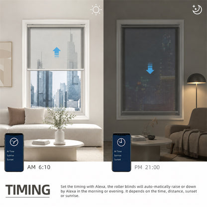 A split comparison showing roller blinds in a living room at different times of day. The left half shows bright window blinds raising the light day view, and the right half shows dark window blinds lowering the dark evening view.