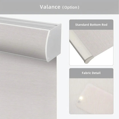 A product information graphic for a window valance option, showing a light gray textured roller blind with a white mounting bracket on the left, and two inset detail panels labeled 'Standard Bottom Rod' and 'Fabric Detail' on the right.