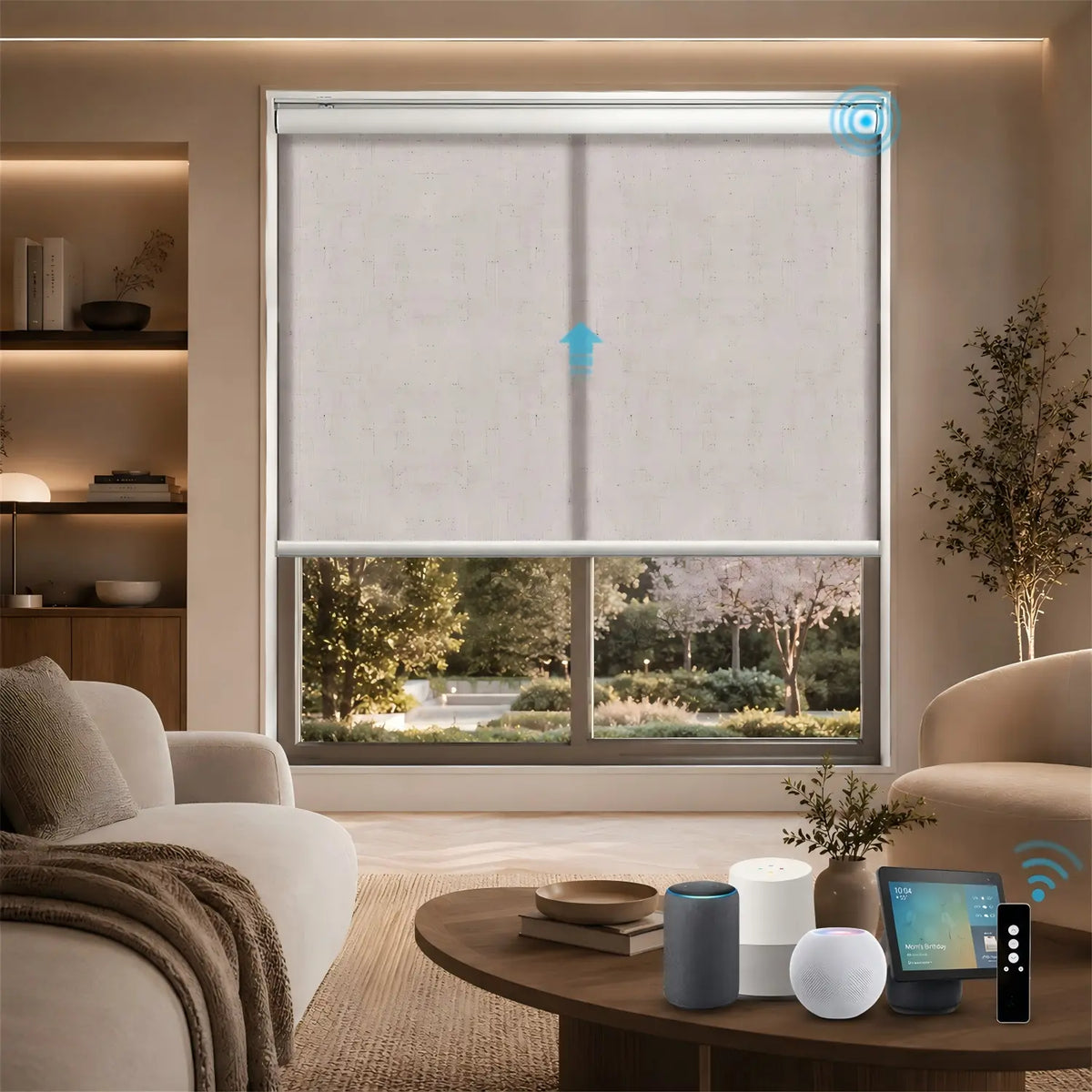 A modern roller blind system installed in a large window of a contemporary living room. The beige textured roller blind is partially drawn, revealing an outdoor garden view.