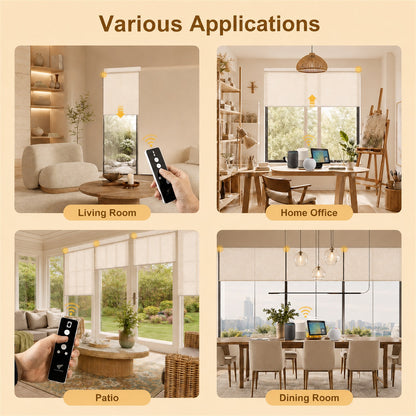 A four-panel promotional graphic showing a window roller blind remote control in use across different indoor spaces: a living room, a home office, a patio, and a dining room. The panels include a hand holding a black remote in each scene and are labeled with the room types under the heading 'Various Applications'.