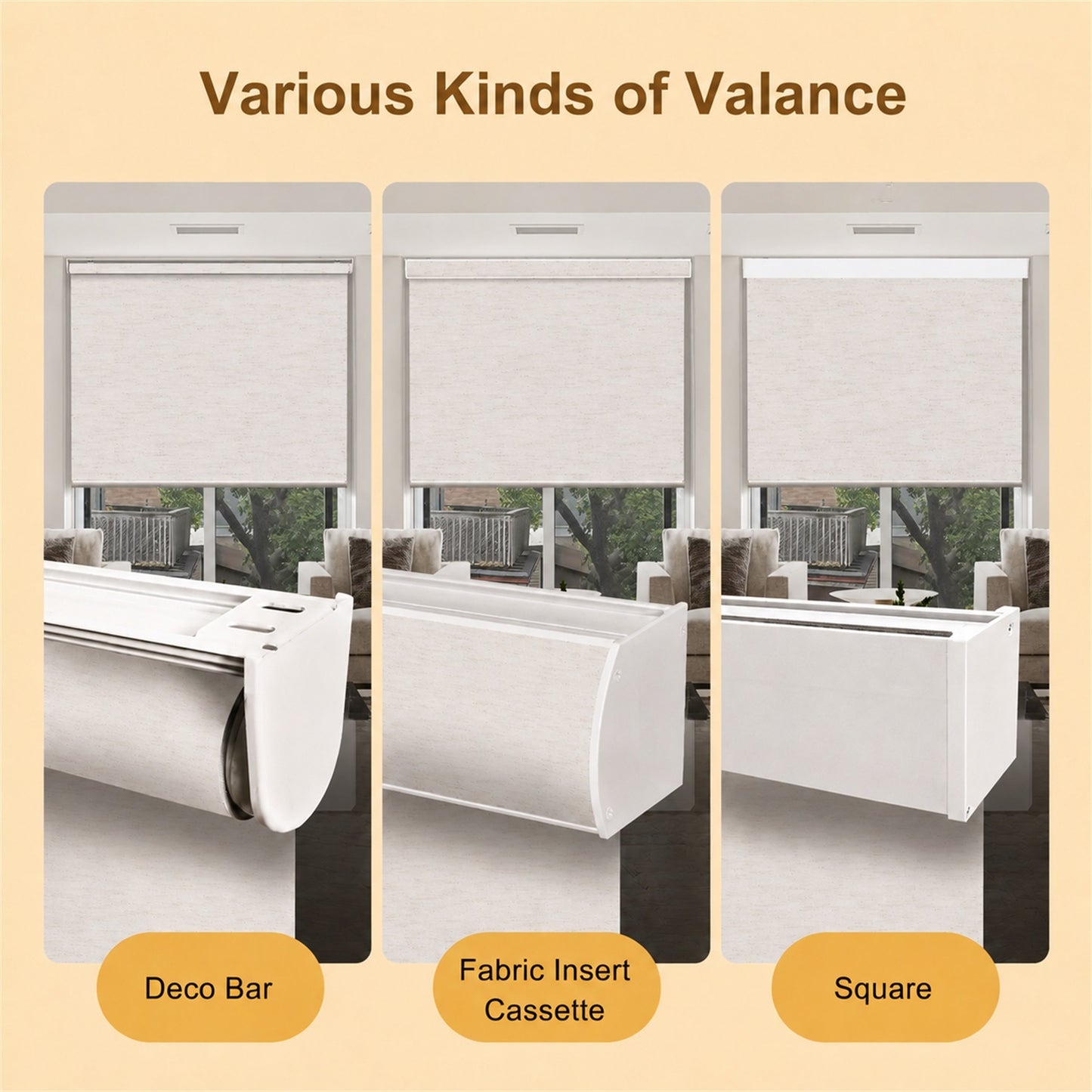 A product comparison graphic showing three different types of window valance mounts: 'Deco Bar', 'Fabric Insert Cassette', and 'Square'. Each panel displays a white roller blind mounted in a window with a beige fabric insert, set against a warm beige background with brown and orange text labels.