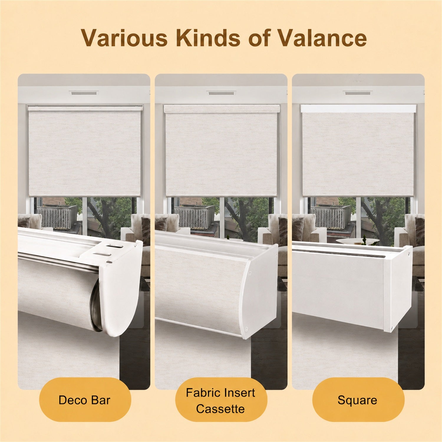 A product comparison graphic showing three different types of window valance mounts: 'Deco Bar', 'Fabric Insert Cassette', and 'Square'. Each panel displays a white roller blind mounted in a window with a beige fabric insert, set against a warm beige background with brown and orange text labels.