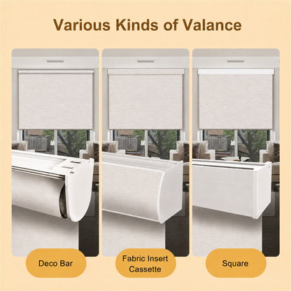 A product comparison graphic showing three different types of window valance mounts: 'Deco Bar', 'Fabric Insert Cassette', and 'Square'. Each panel displays a white roller blind mounted in a window with a beige fabric insert, set against a warm beige background with brown and orange text labels.