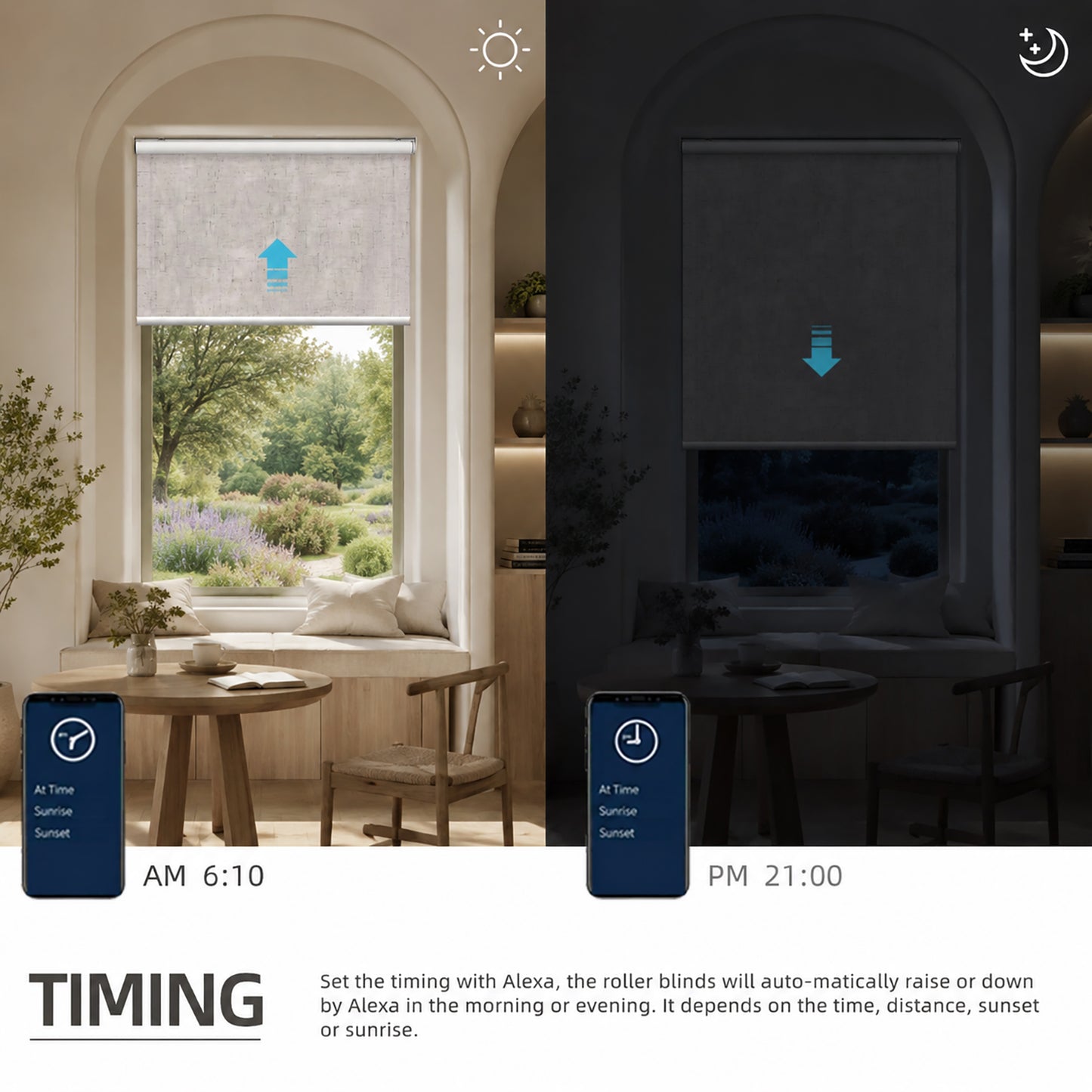 A split-screen comparison showing roller blinds in a home interior, with bright daylight on the left and a dark scene on the right. The left side shows the blinds partially drawn up near an arched window, and the right side shows them drawn down.