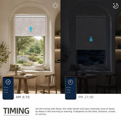 A split-screen comparison showing roller blinds in a home interior, with bright daylight on the left and a dark scene on the right. The left side shows the blinds partially drawn up near an arched window, and the right side shows them drawn down.