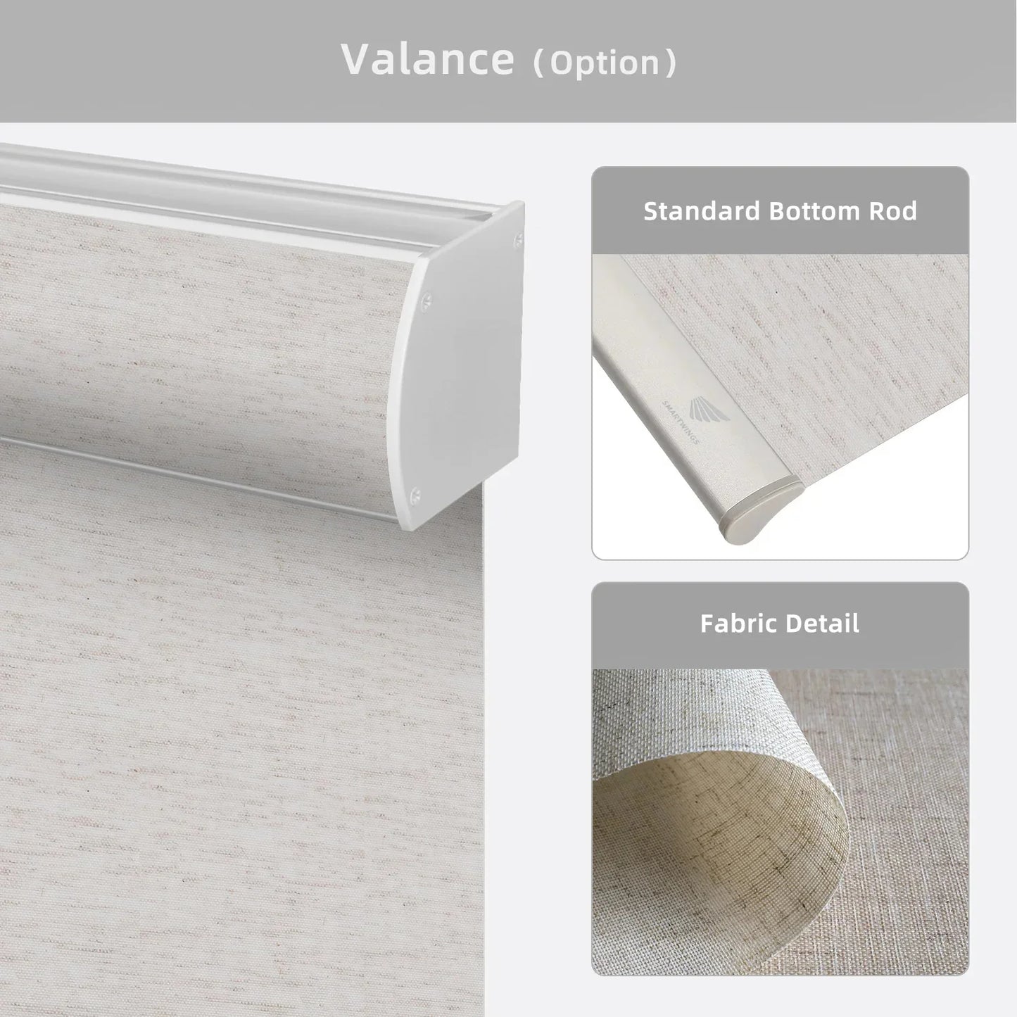 Textured roller blind with 'Valance (Option)' and 'Standard Bottom Rod' text on a gray background.