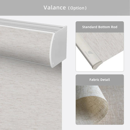 Textured roller blind with 'Valance (Option)' and 'Standard Bottom Rod' text on a gray background.