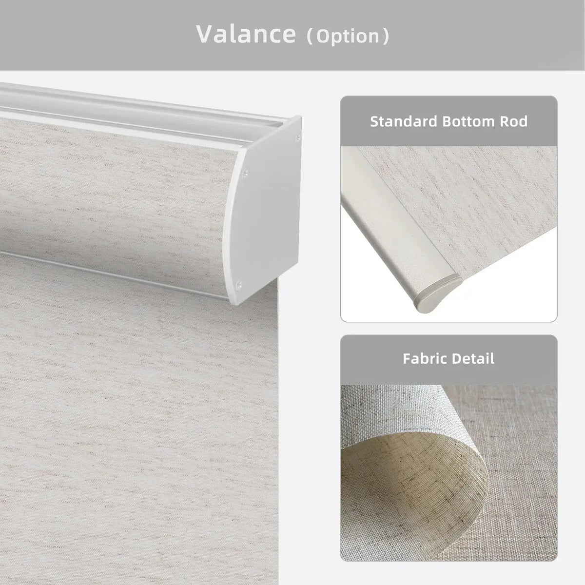Textured roller blind with 'Valance (Option)' and 'Standard Bottom Rod' text on a gray background.