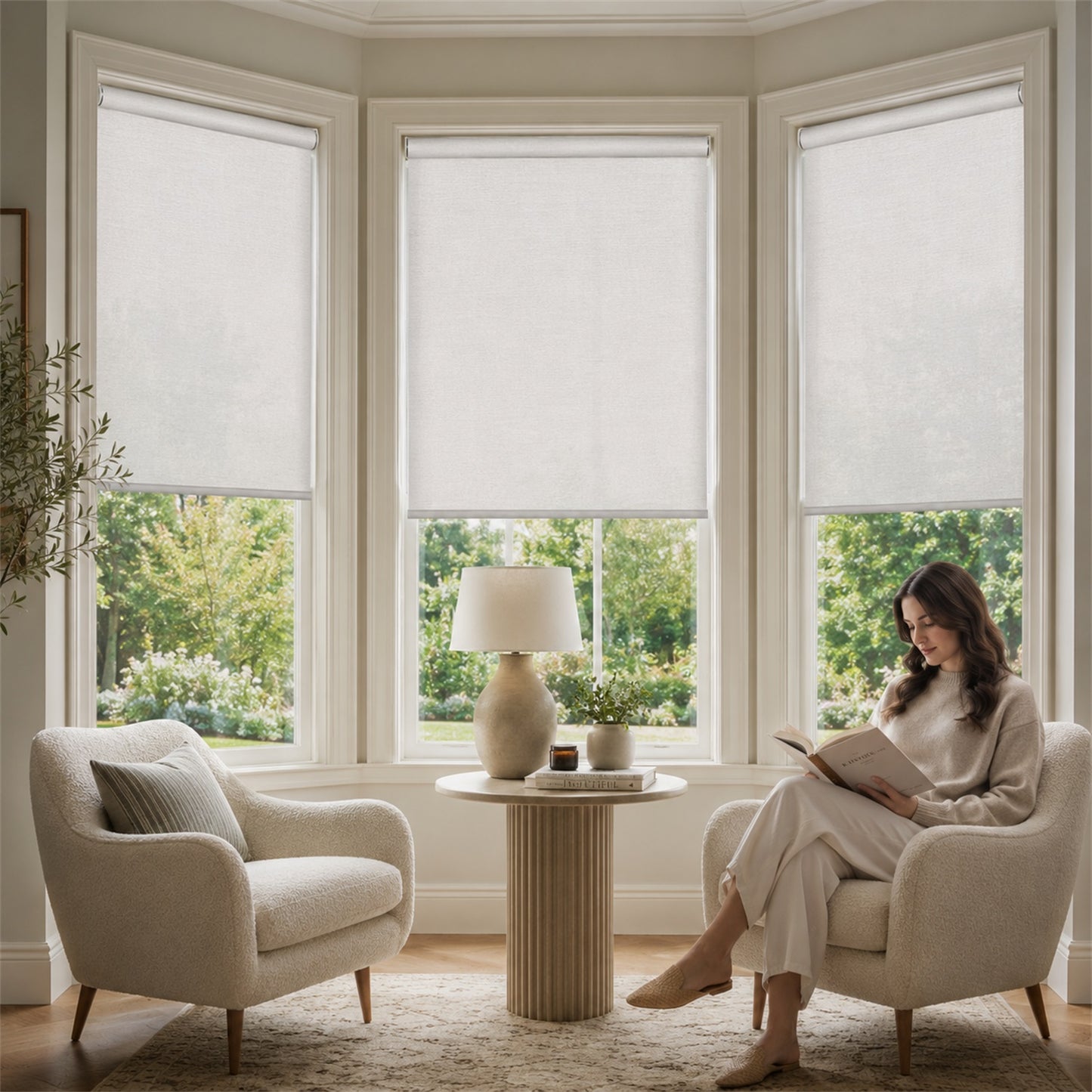 A woman sits in a cream upholstered armchair in a bright corner room, reading a book beside a small round table with a lamp and potted plants. Two more matching armchairs are visible, and the windows above have light-colored roller shades partially drawn.