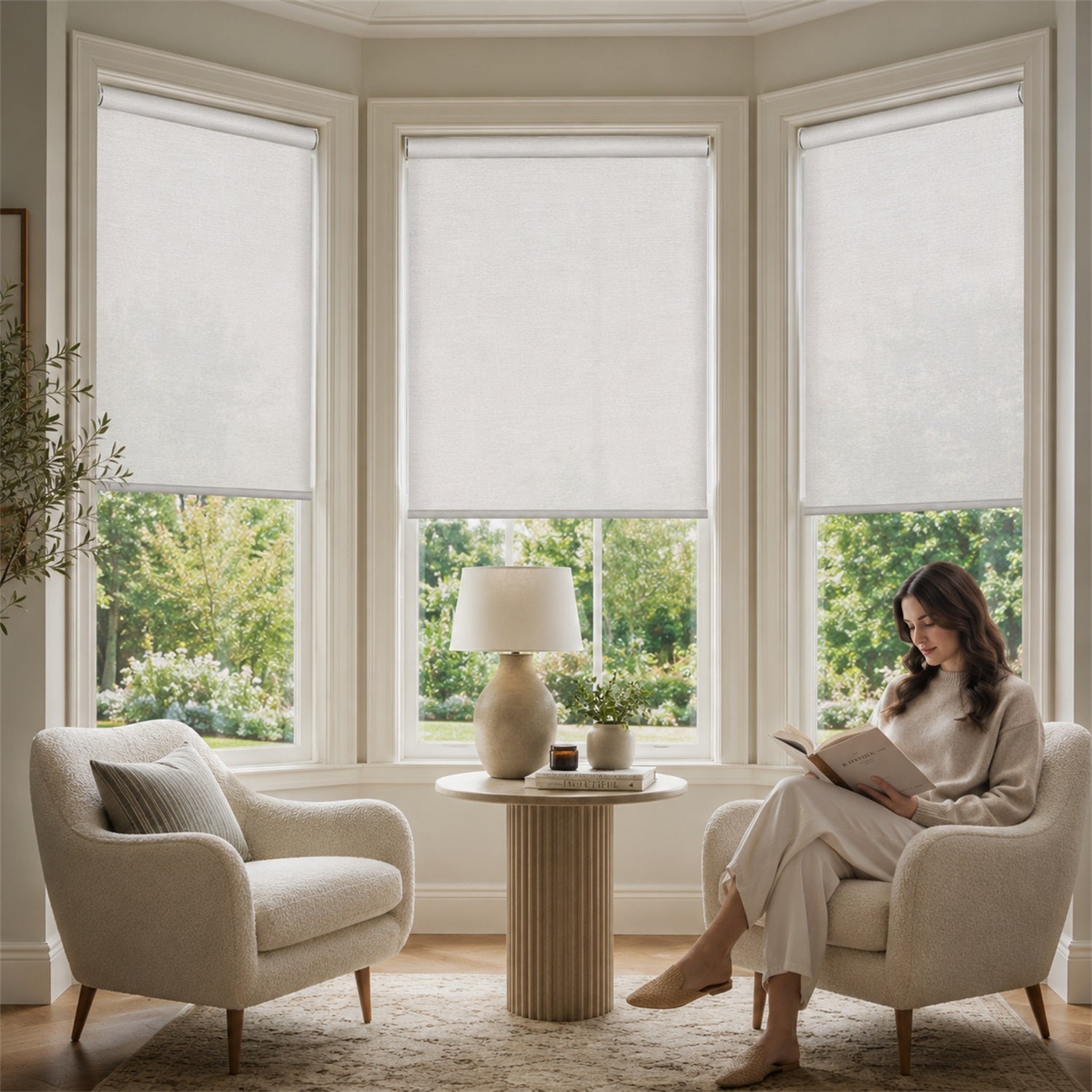 A woman sits in a cream upholstered armchair in a bright corner room, reading a book beside a small round table with a lamp and potted plants. Two more matching armchairs are visible, and the windows above have light-colored roller shades partially drawn.