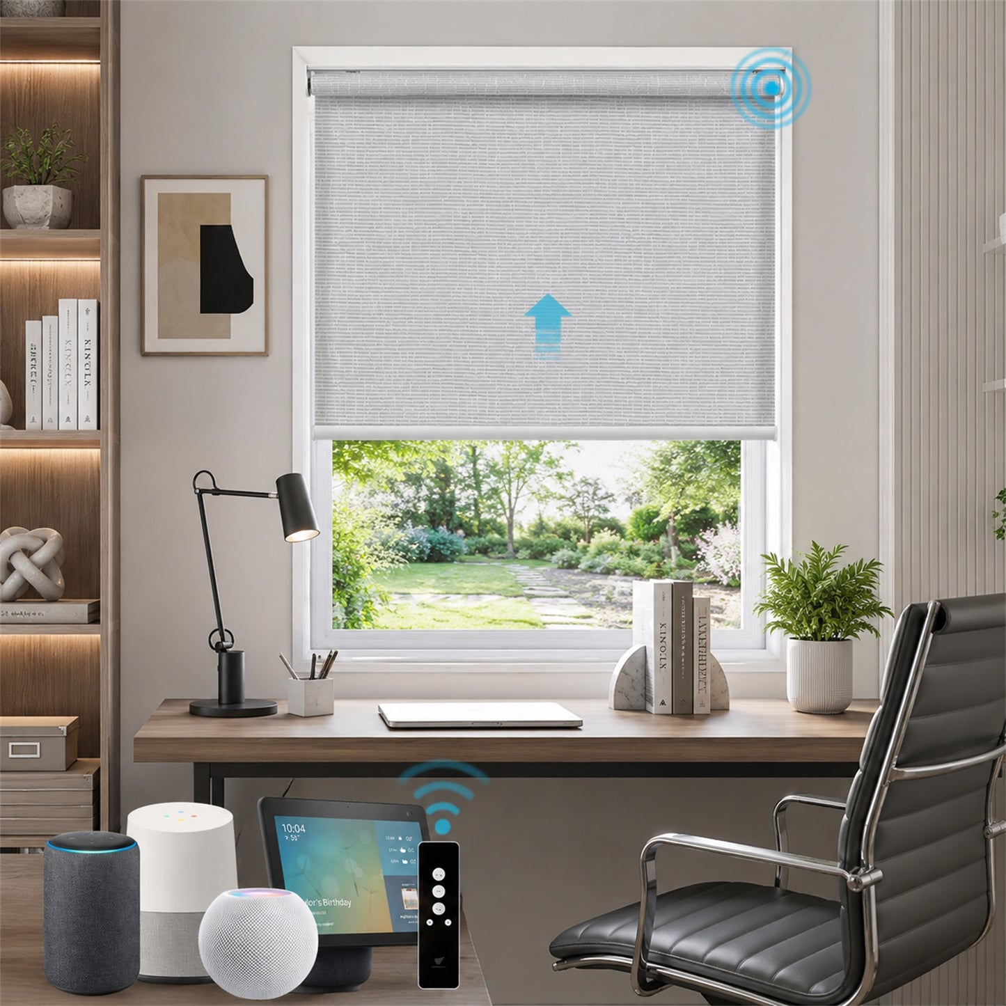 A smart home office scene featuring a light gray roller blind on a window, with a blue upward arrow graphic indicating automation. The room includes a wooden desk, black office chair, smart speakers, and a tablet.