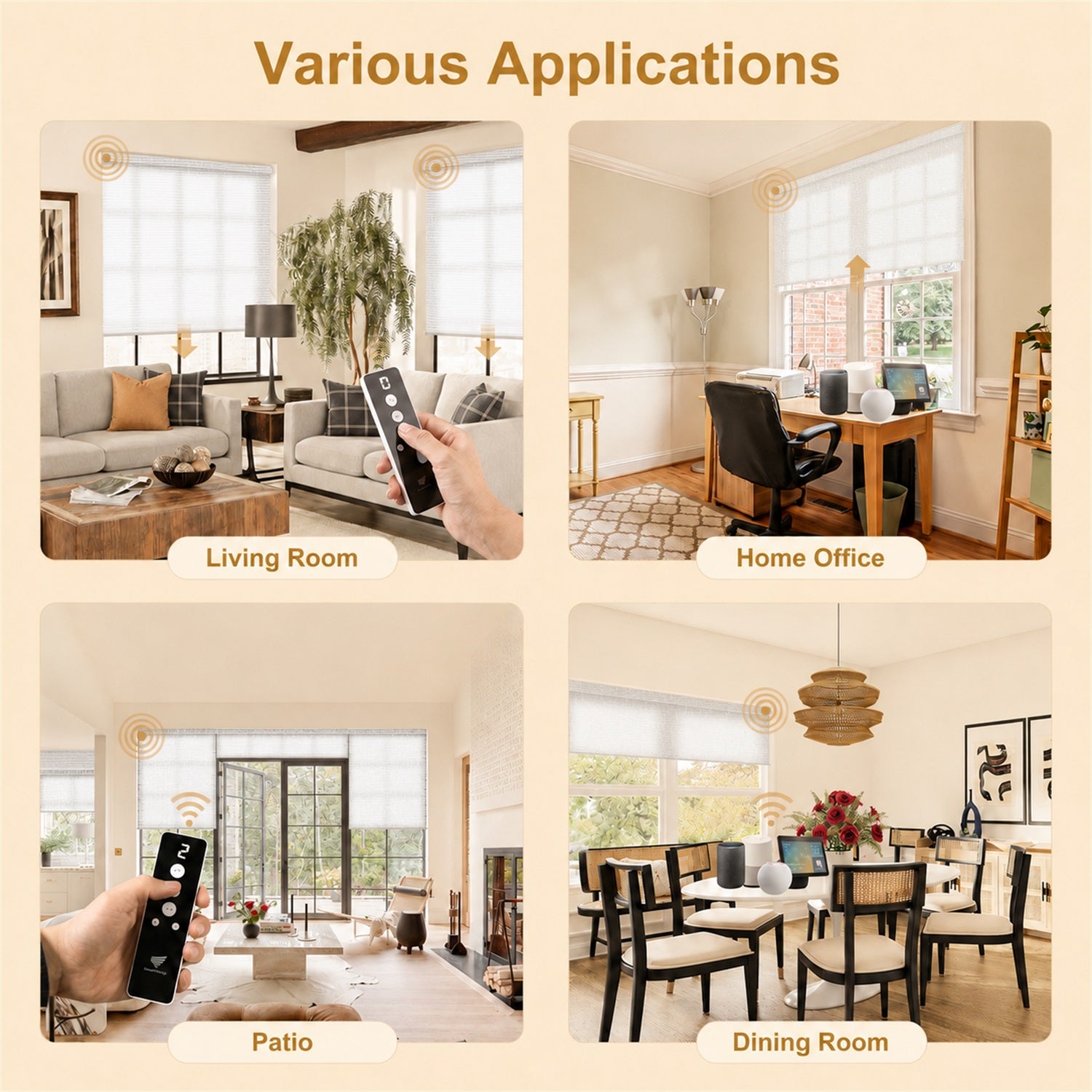 A 2x2 promotional collage showing a remote control in use across different home environments: a living room, a home office, a patio, and a dining room. The top header reads 'Various Applications.