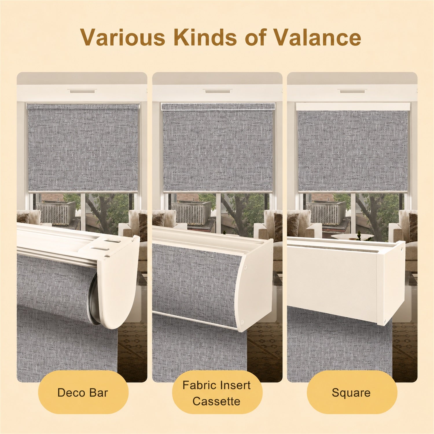 Three-panel comparison graphic showing different valance styles with gray textured roller blinds: Deco Bar, Fabric Insert Cassette, and Square. The panels display the valance hardware mounted above windows with interior room views behind them, on a beige background with the heading 'Various Kinds of Valance'.