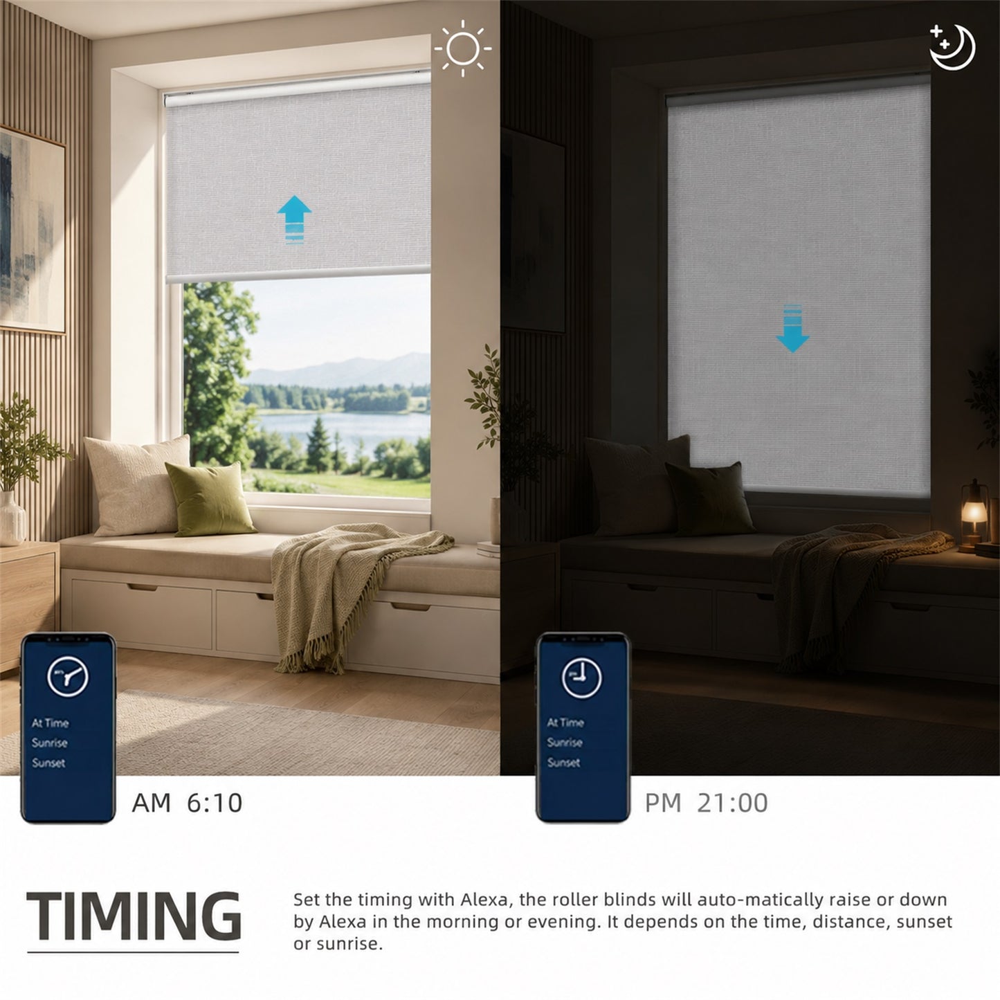A split-screen comparison showing roller blinds in a living room setting, with daylight on the left and a dark room on the right. The blinds are shown raised and lowered with blue arrow indicators, and the image includes text explaining timed automation with Alexa.