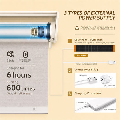 An infographic showing a white solar-powered window air conditioner or fan with a blue illuminated cooling graphic, alongside text and three numbered ways to charge it: solar panel, USB plug, and power bank. The background is a soft beige.