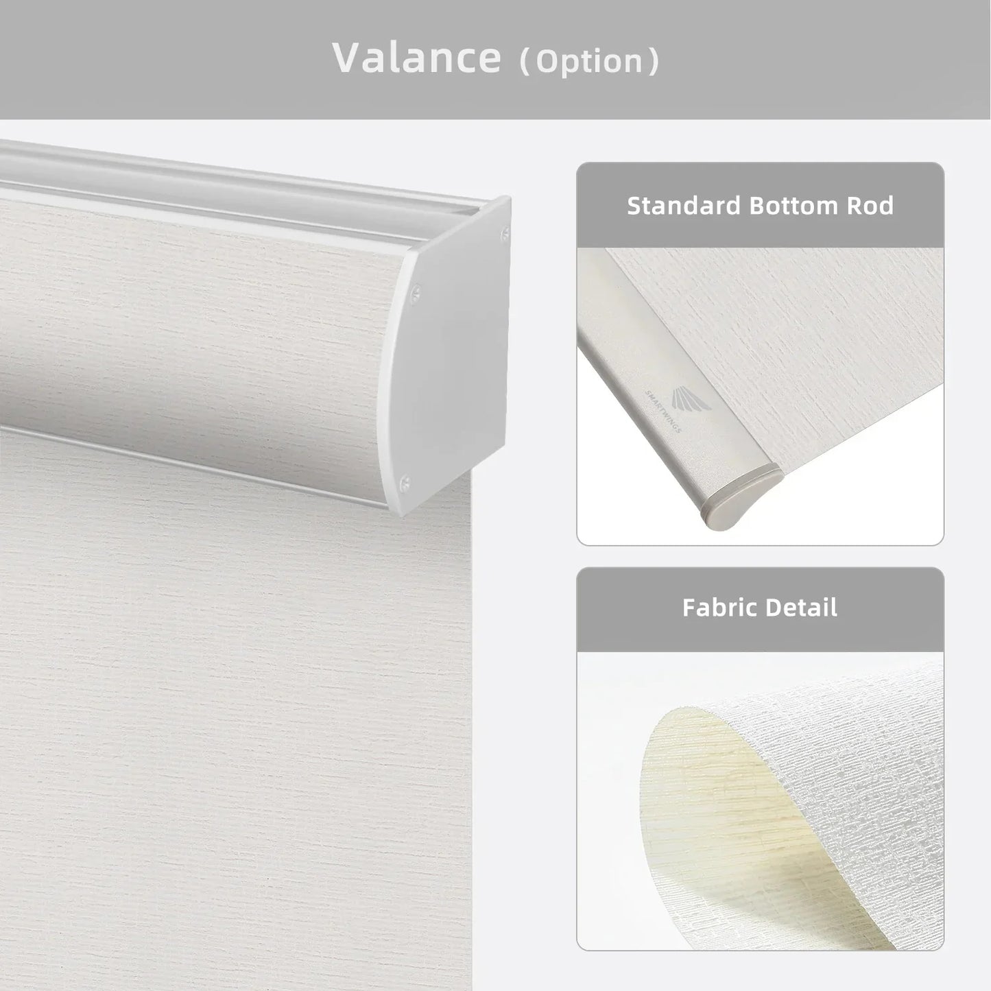White roller blind with valance and bottom rod options on a gray background