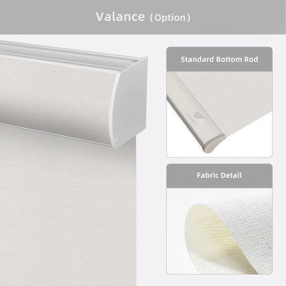 White roller blind with valance and bottom rod options on a gray background