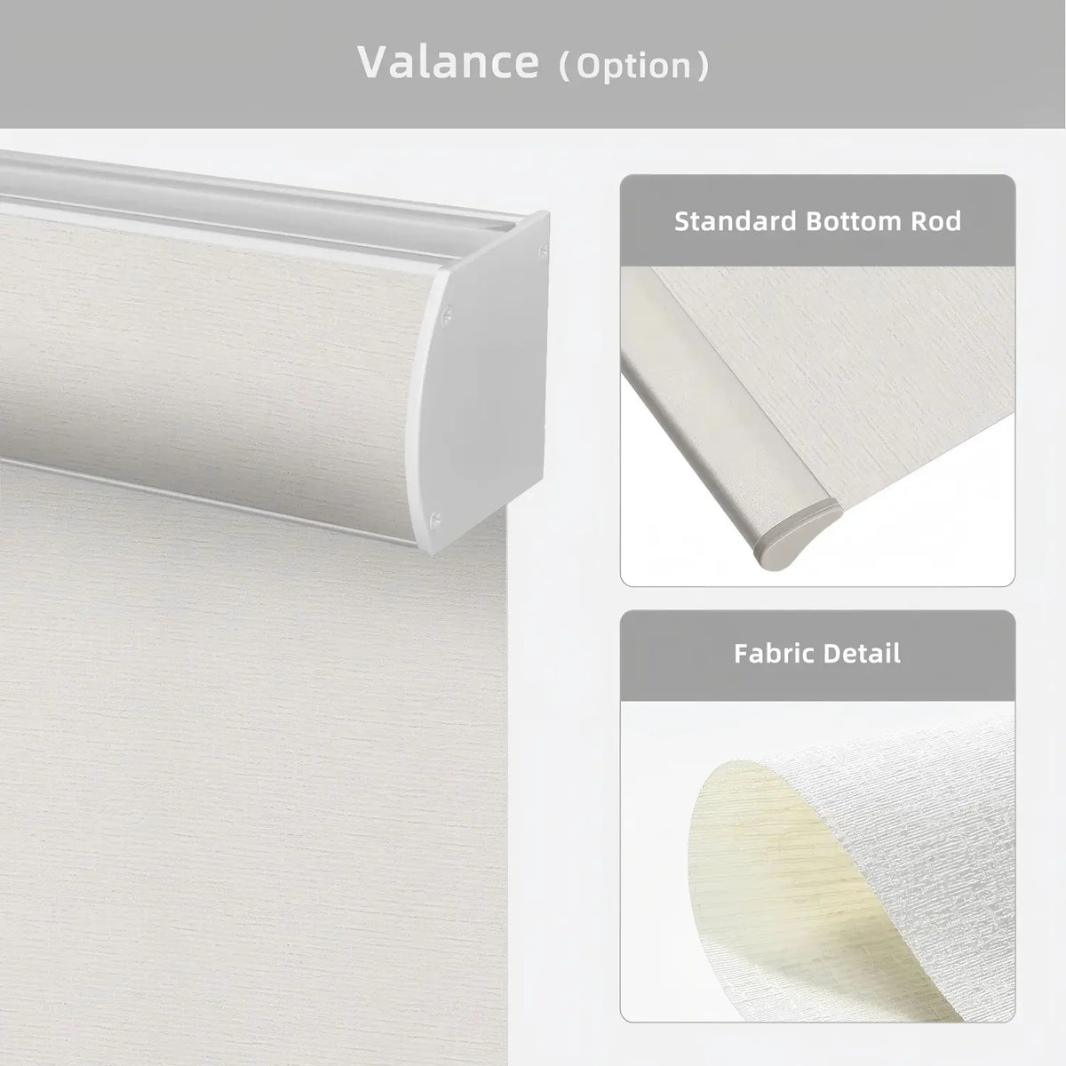 White roller blind with valance and bottom rod options on a gray background