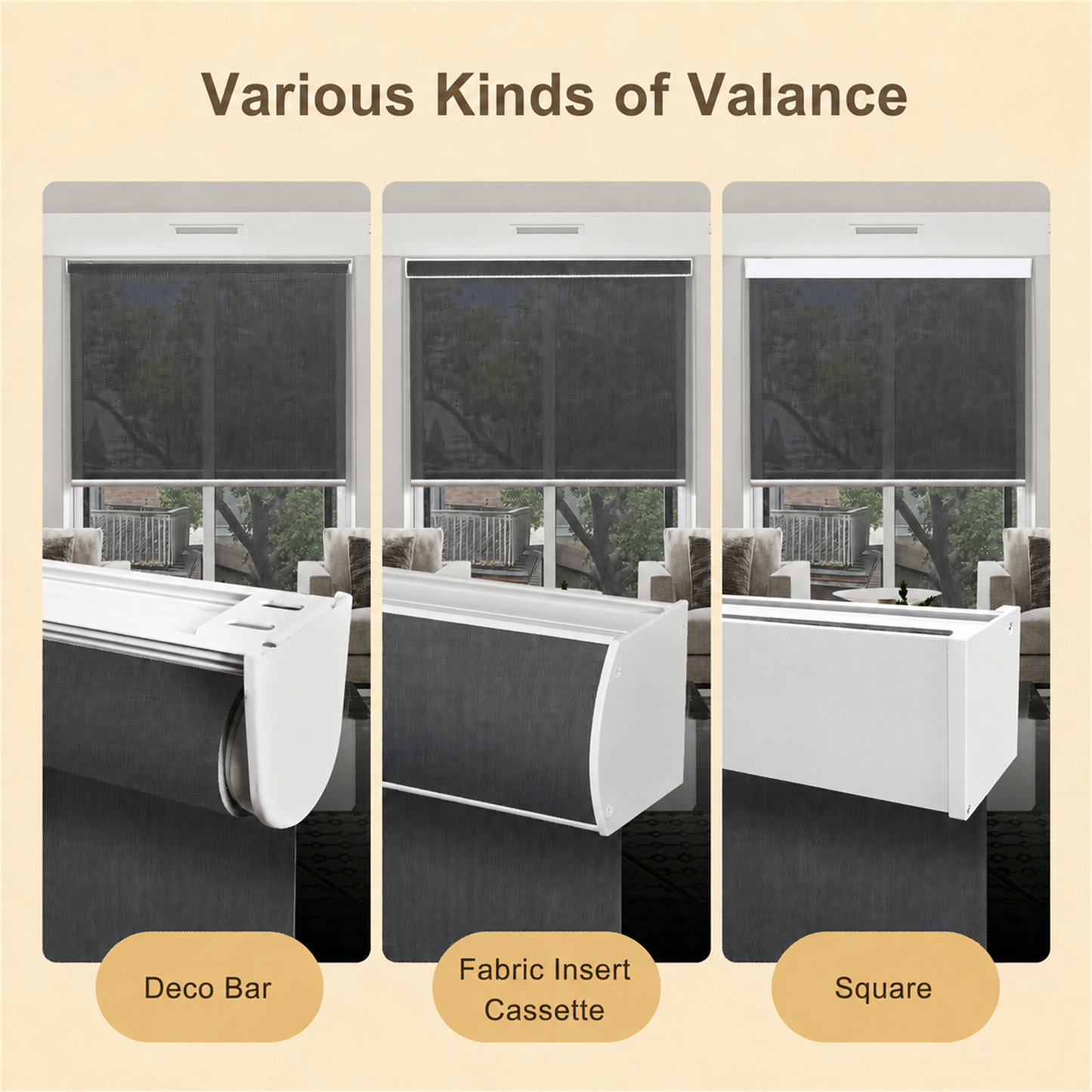A product comparison graphic showing three types of window valance: Deco Bar, Fabric Insert Cassette, and Square. Each panel displays a white valance mounted above a window with a dark roller blind or insert, set against a beige background with descriptive labels.