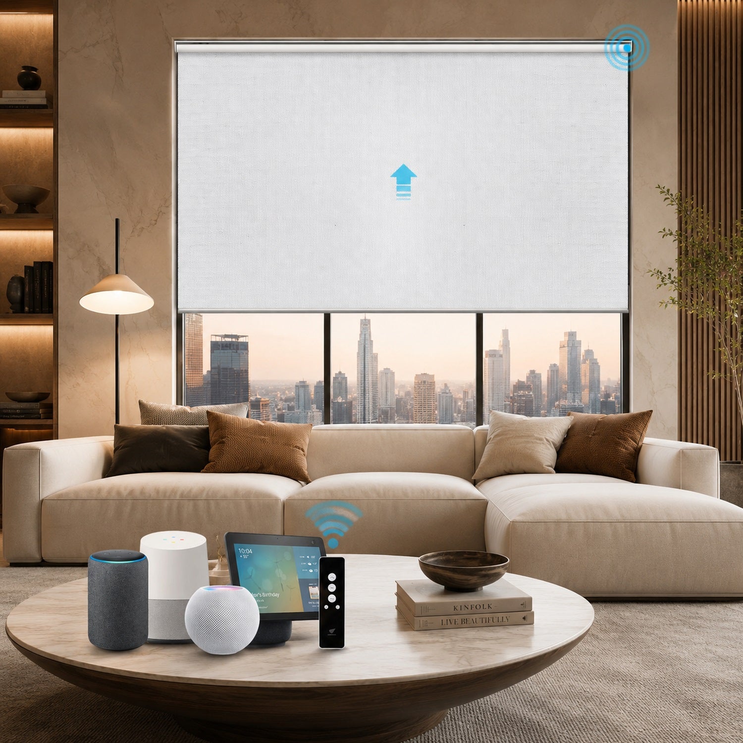Smart roller blind in a modern living room with cityscape view