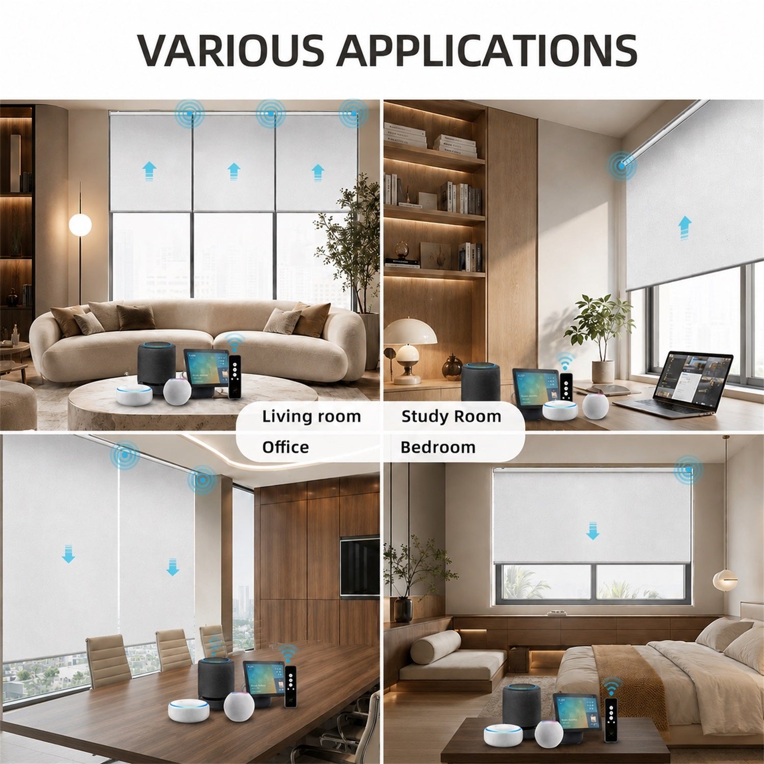 Collage of a smart window control system in various rooms including living room, study room, and bedroom.