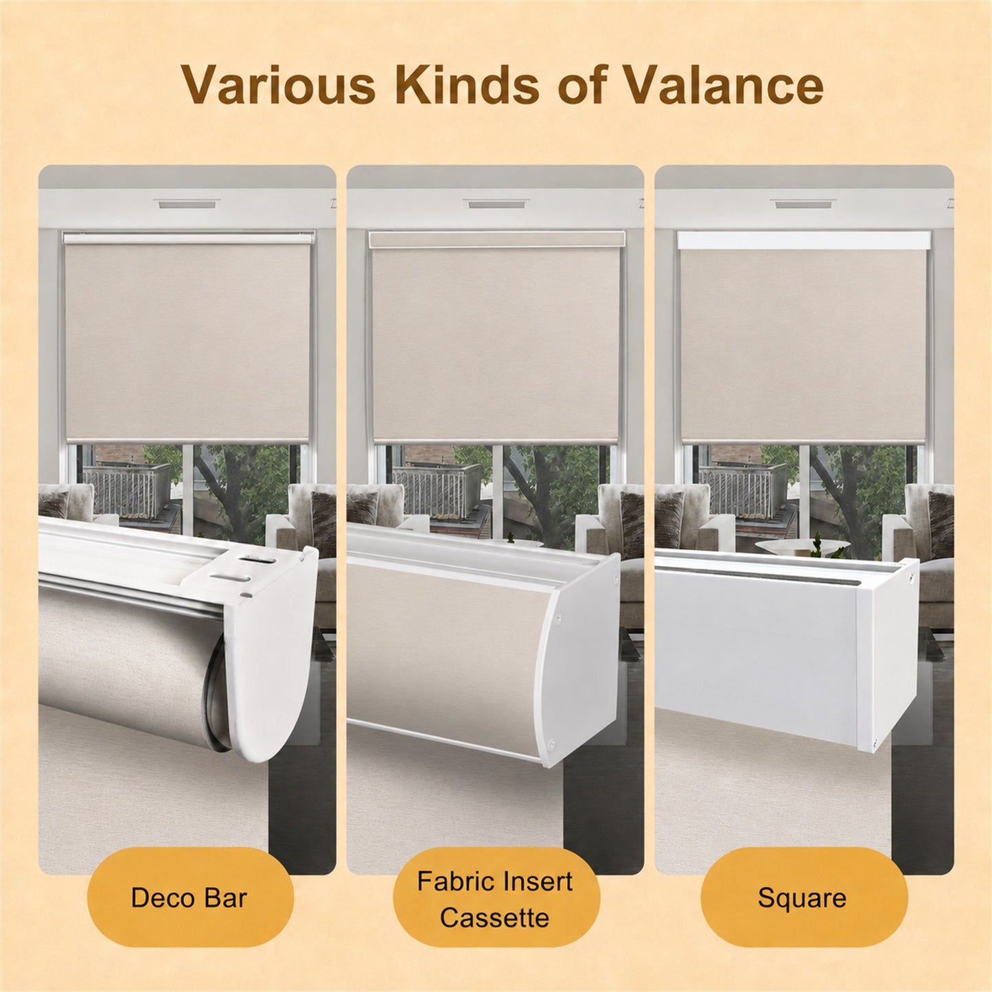 Three types of valances displayed with labels on a beige background