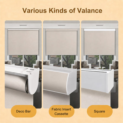 Three types of valances displayed with labels on a beige background