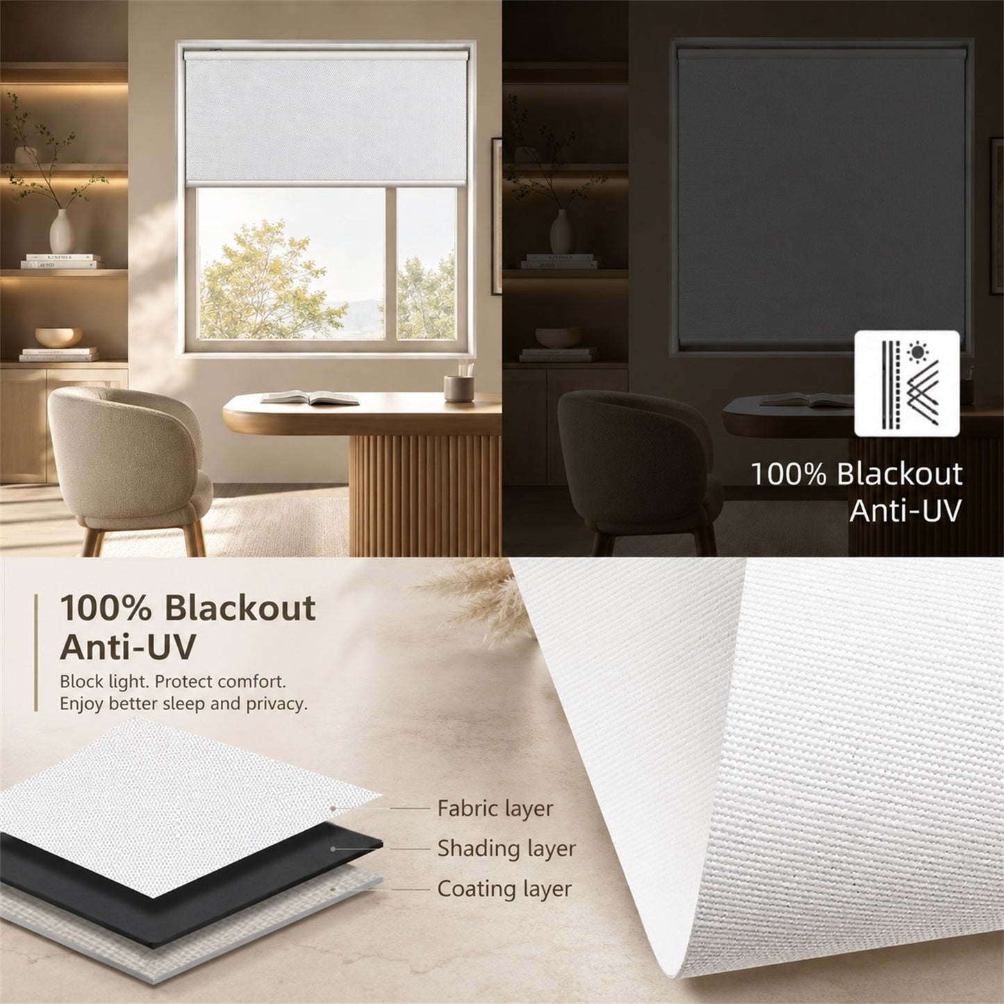 Blackout roller blind with window view, close-up of fabric, and product layers shown.