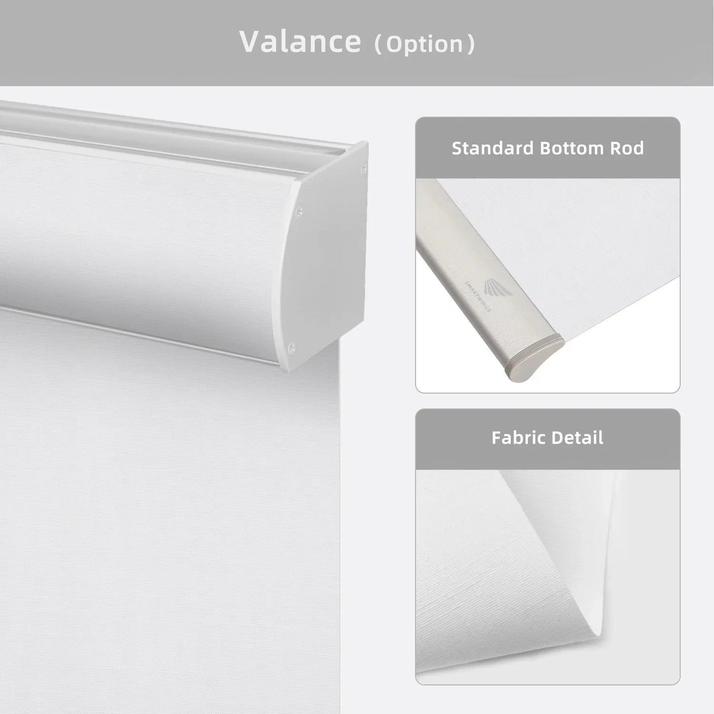 White valance with standard bottom rod and fabric detail on a gray background