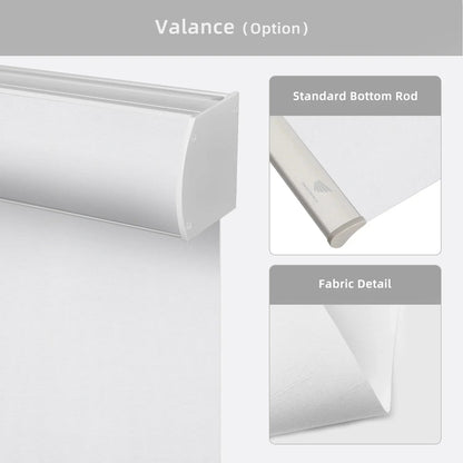 White valance with standard bottom rod and fabric detail on a gray background