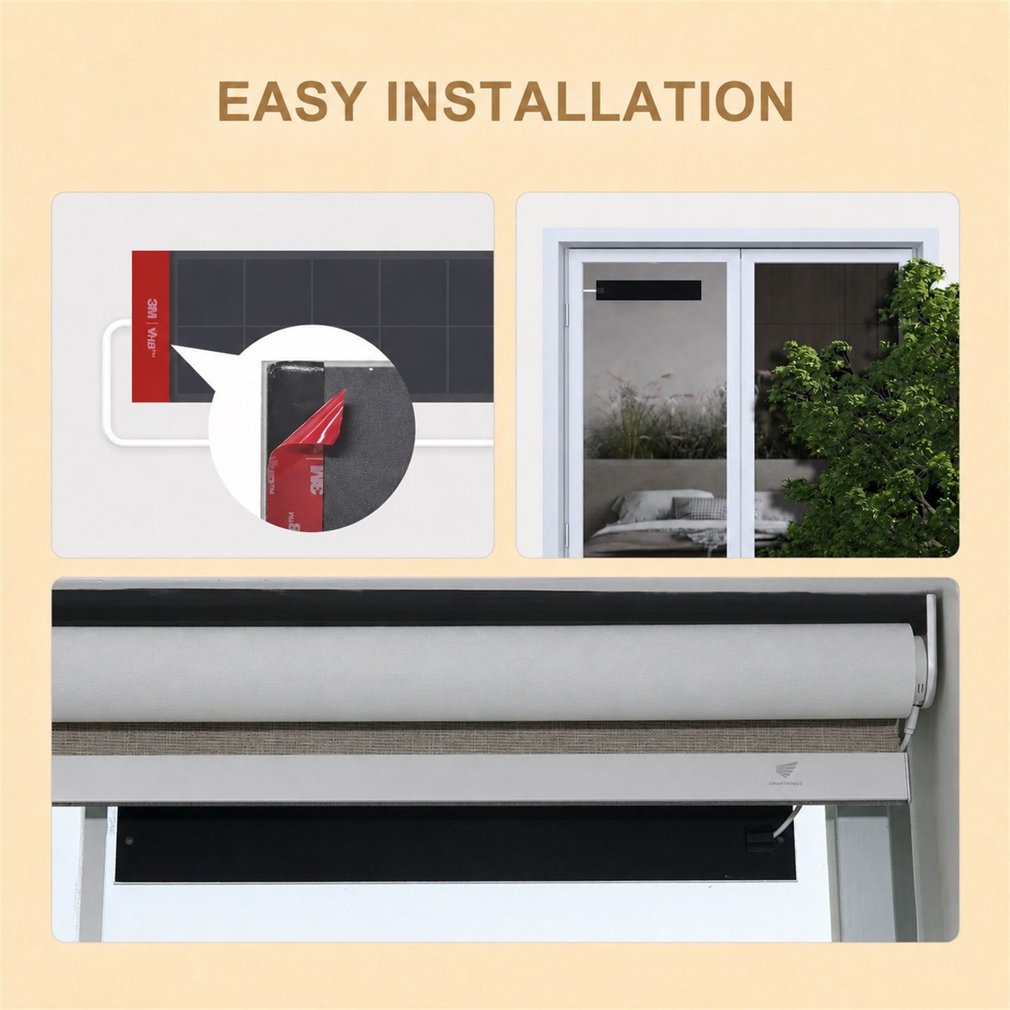 Window with solar panel and text 'Easy Installation' on a beige background