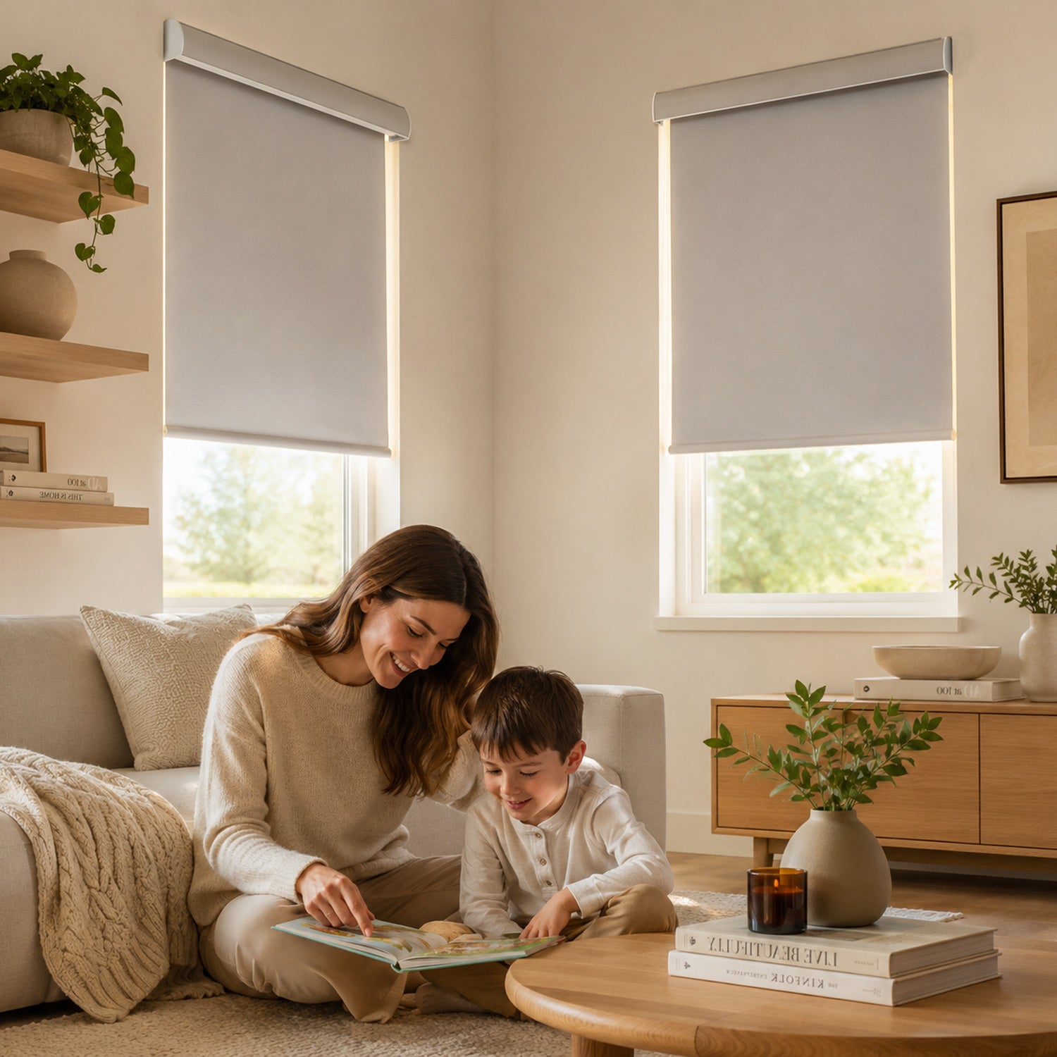 Woman and child reading a book in a cozy living room with roller blinds.
