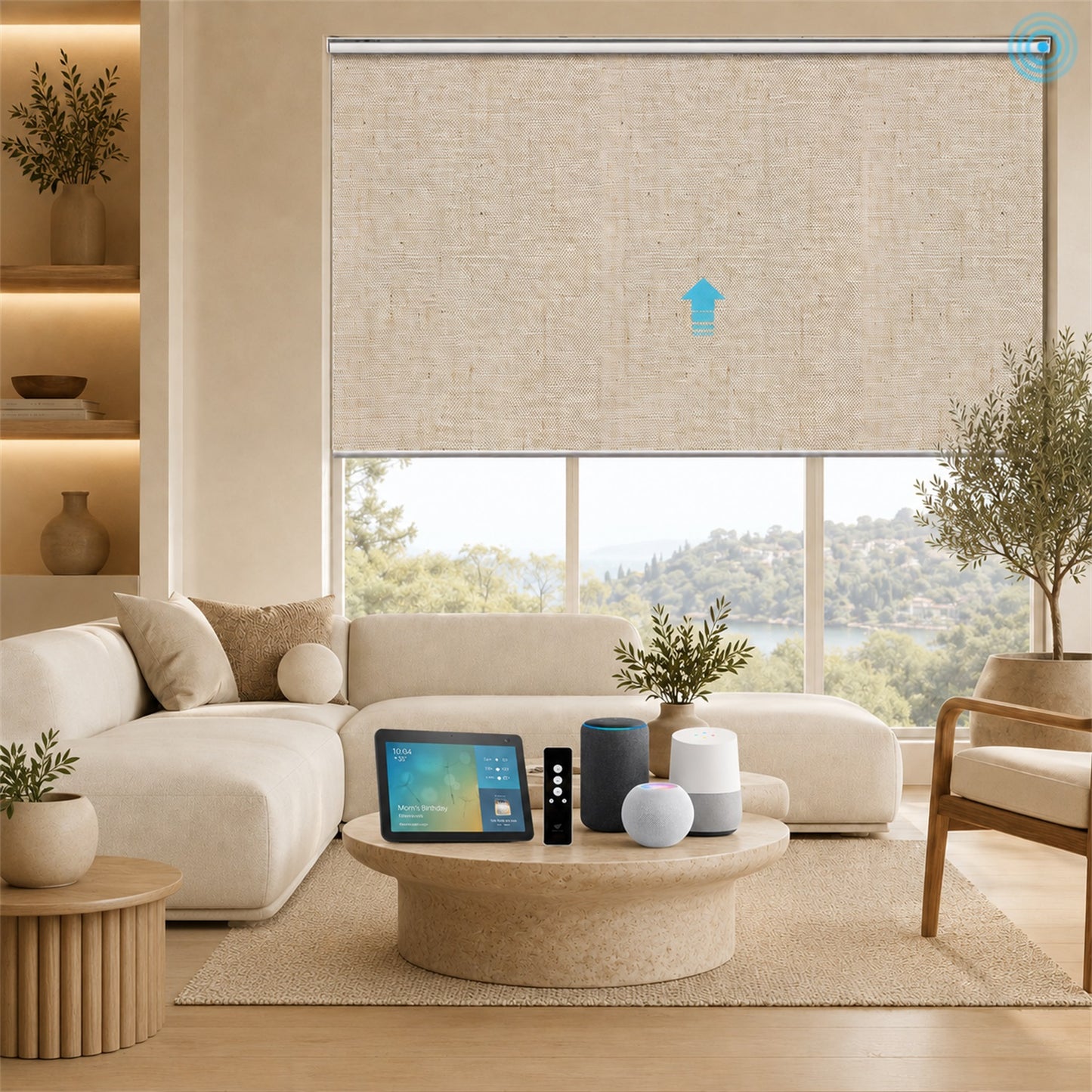 A modern living room with a beige textured roller blind partially drawn over a large window with a scenic view. The room features a cream sectional sofa, a round wooden coffee table, and decorative plants.