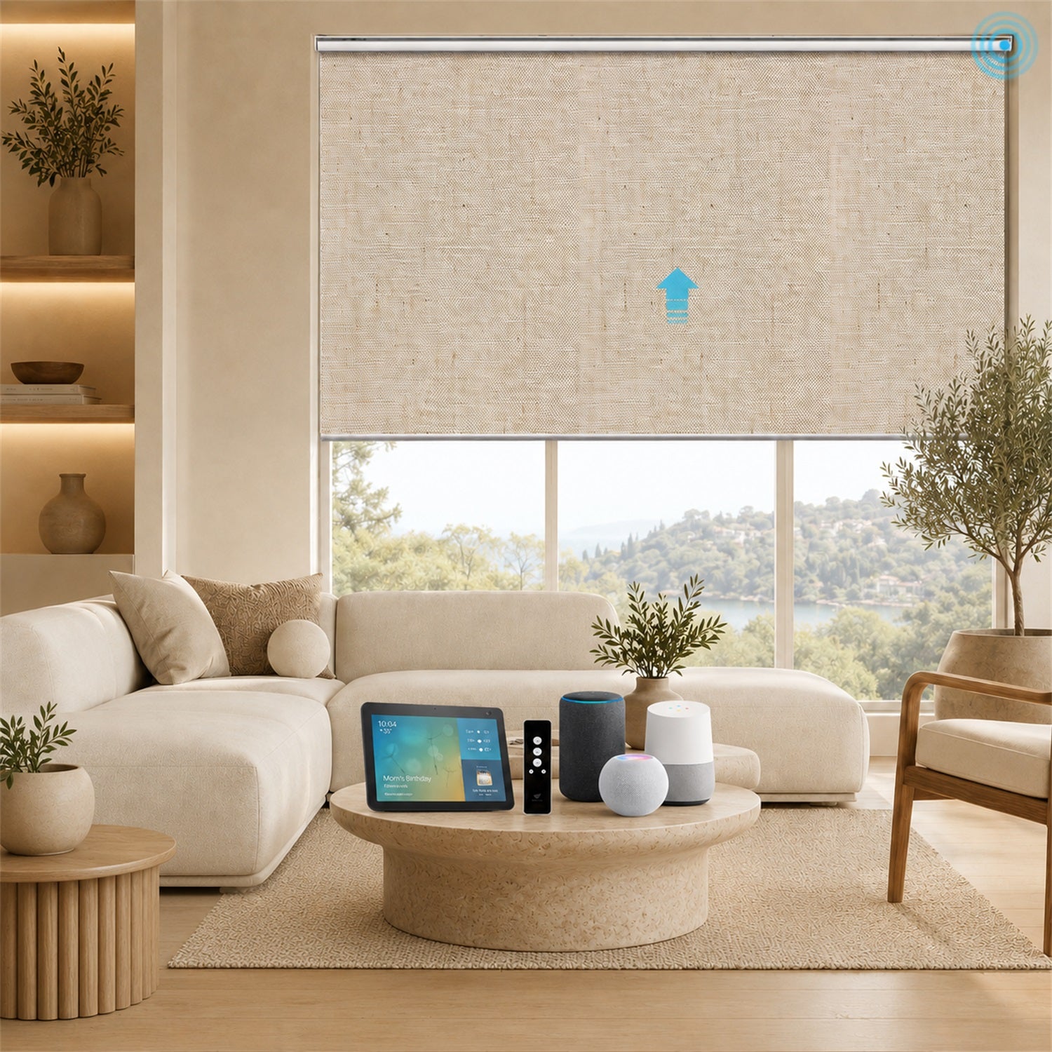 A modern living room with a beige textured roller blind partially drawn over a large window with a scenic view. The room features a cream sectional sofa, a round wooden coffee table, and decorative plants.