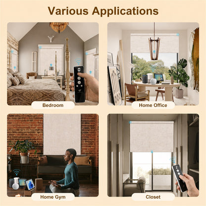 A four-panel promotional collage showing a remote control being used in different real-world settings: a bedroom, a home office, a home gym, and a closet. The top header reads 'Various Applications.