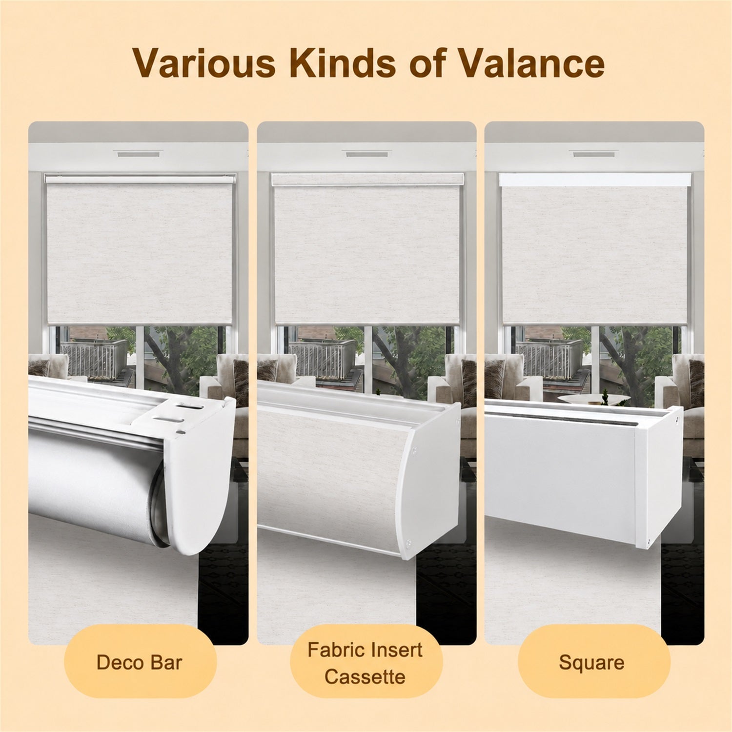 A product comparison graphic showing three types of window valance: Deco Bar, Fabric Insert Cassette, and Square. Each panel displays a white roller blind mounted in a window frame above a window view, with labels at the bottom on a beige background.
