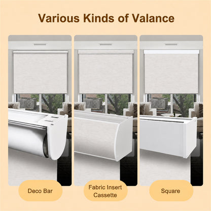 A product comparison graphic showing three types of window valance: Deco Bar, Fabric Insert Cassette, and Square. Each panel displays a white roller blind mounted in a window frame above a window view, with labels at the bottom on a beige background.