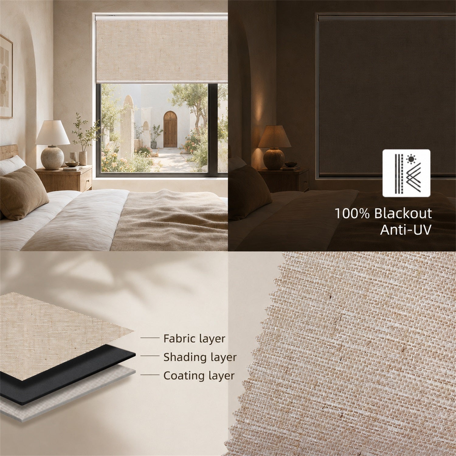 A composite product listing graphic for a roller blind. The top-left panel shows the beige roller blind installed in a modern bedroom, with a window opening to a courtyard.