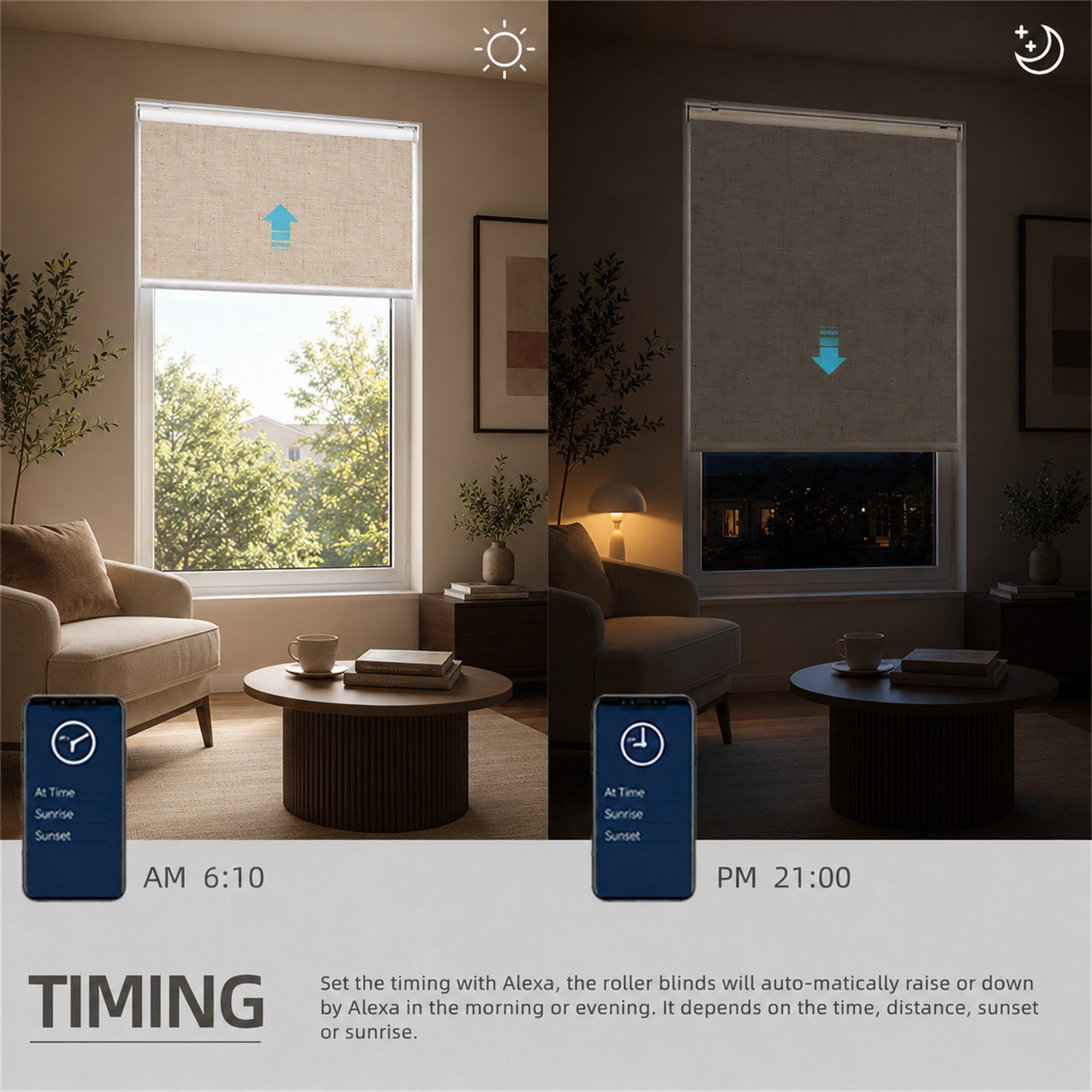 A promotional graphic showing a roller blind automation feature in a living room, with a side-by-side comparison of automatic raising in the morning (left) and lowering at night (right). The image includes smartphone app control icons and text explaining the timing settings.