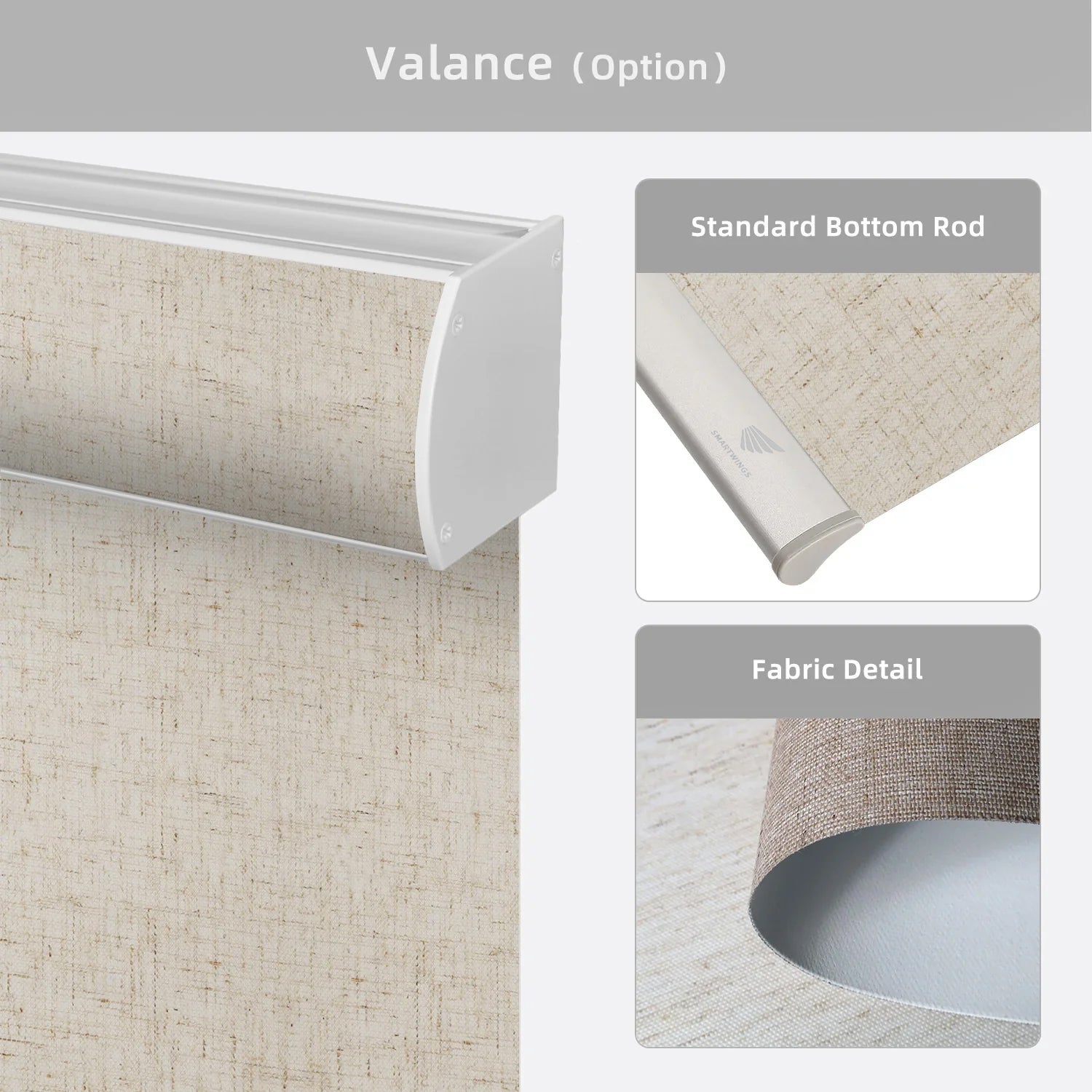 Window valance with fabric detail and bottom rod options on a gray background