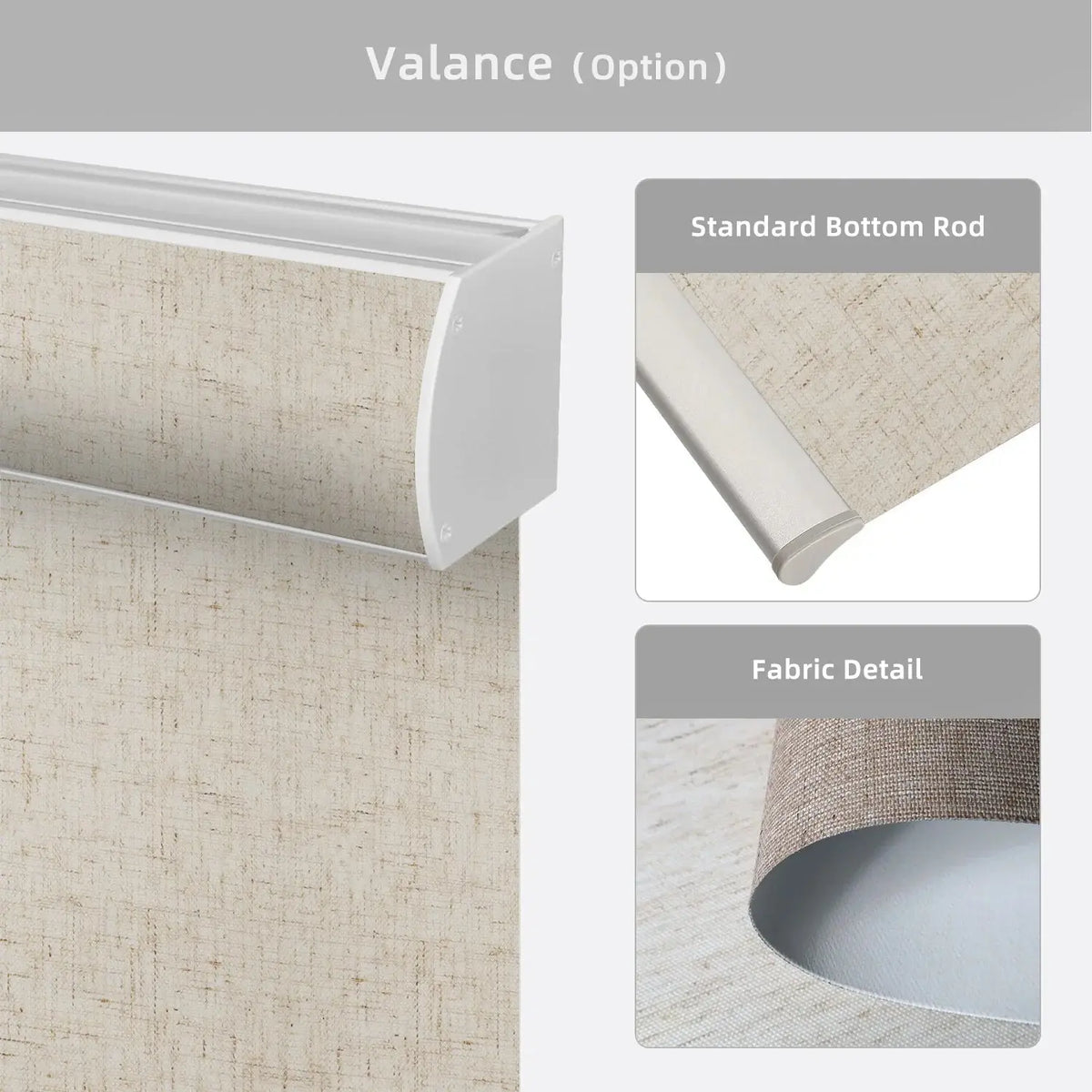 Window valance with fabric detail and bottom rod options on a gray background