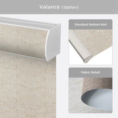 Window valance with fabric detail and bottom rod options on a gray background
