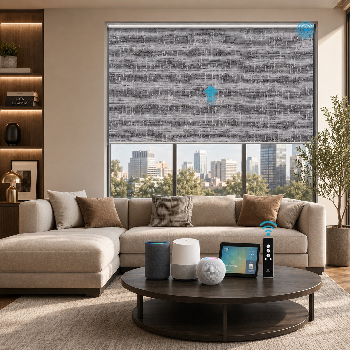 A modern living room with a beige sectional sofa, round dark wood coffee table, and a large window featuring a gray textured roller blind. Smart home devices and a tablet sit on the table, and a city skyline is visible outside the window.