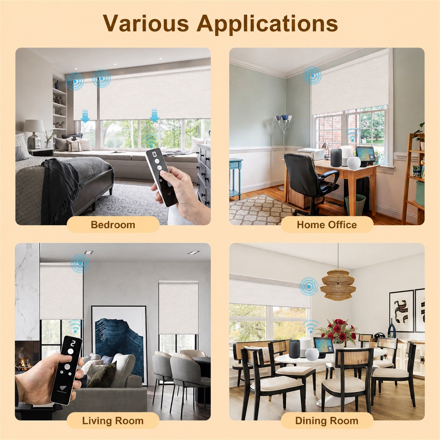 A 2x2 promotional collage showing a smart roller blind controller in use across different rooms: Bedroom, Home Office, Living Room, and Dining Room. The collage has a beige background with the heading 'Various Applications' and labels for each room scene.