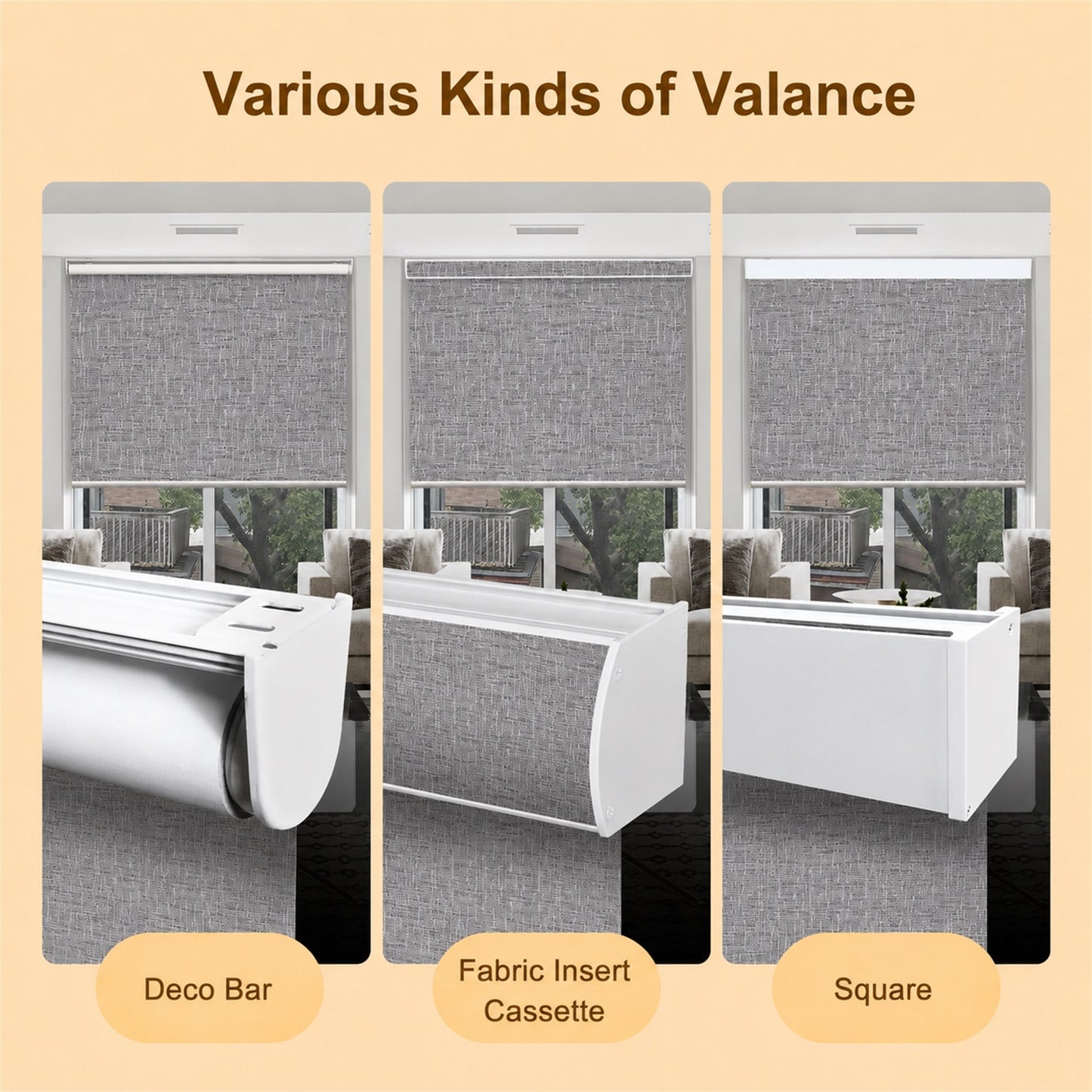 A product comparison graphic showing three types of window valance: Deco Bar, Fabric Insert Cassette, and Square. Each panel displays a gray textured roller blind mounted in a white casing above a window, with labels at the bottom indicating the type.