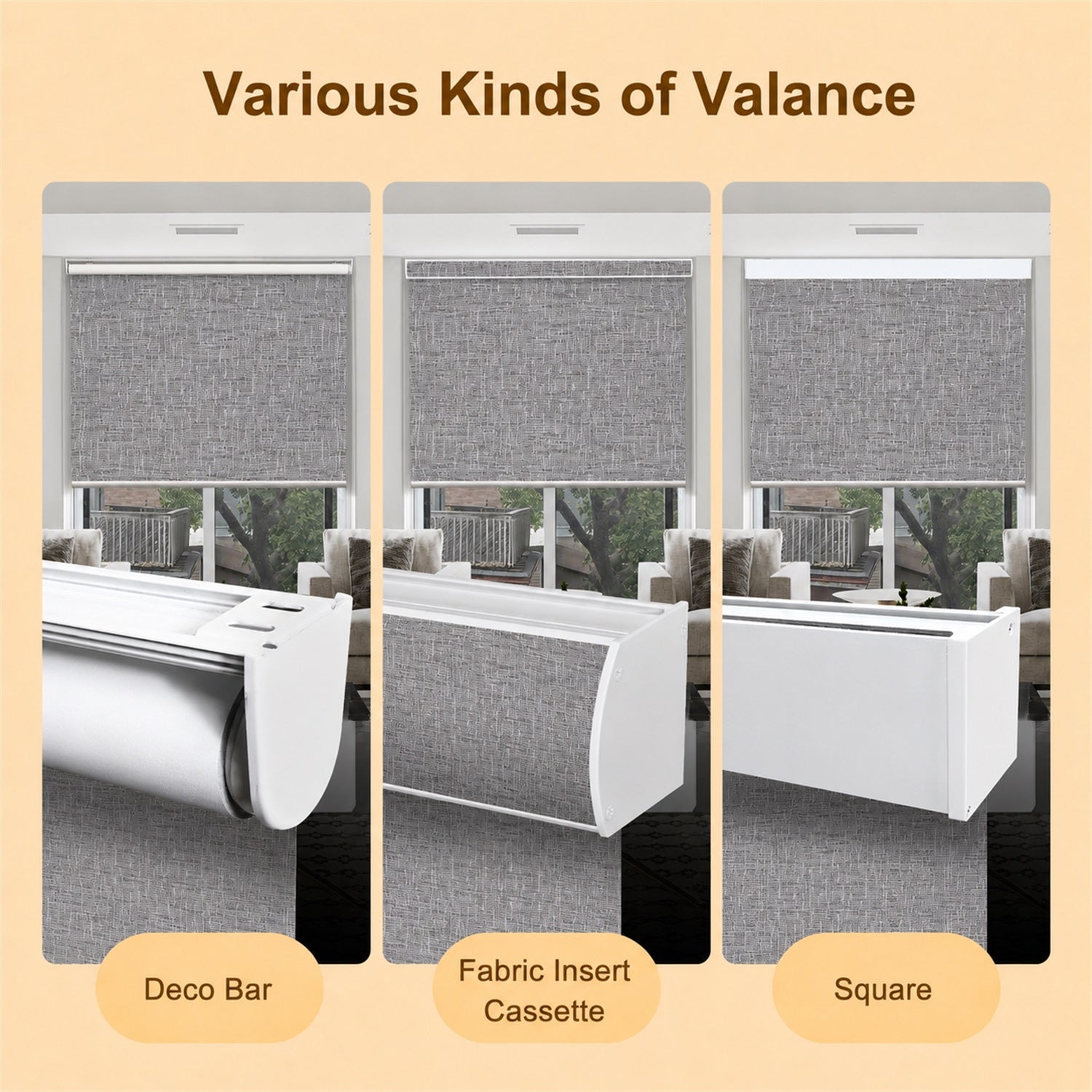 A product comparison graphic showing three types of window valance: Deco Bar, Fabric Insert Cassette, and Square. Each panel displays a gray textured roller blind mounted in a white casing above a window, with labels at the bottom indicating the type.